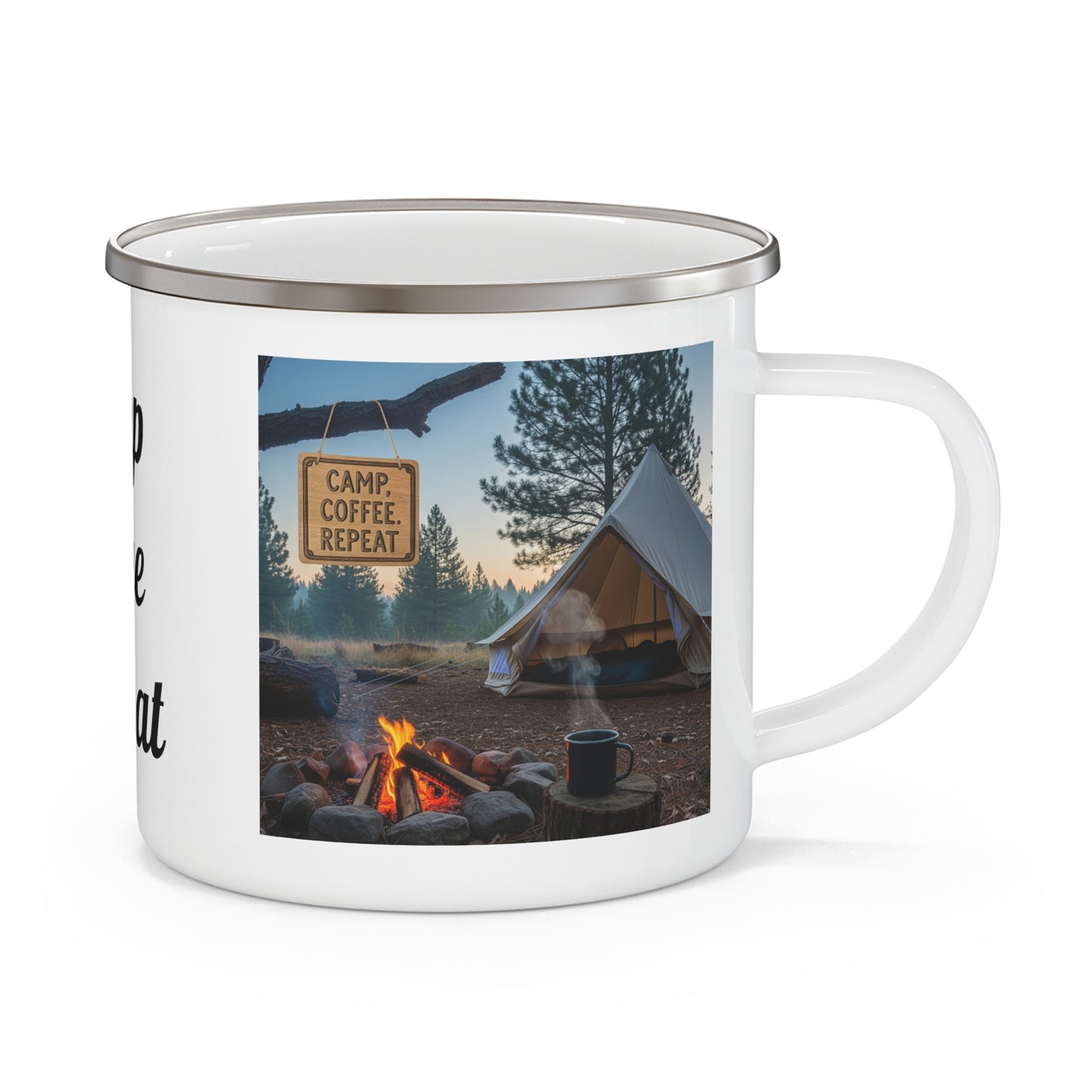 Camping Enamel Mug - Camp Coffee Repeat, Outdoor Adventure, Camping Gift, Hiking Gear, Cabin Decor, Eco-Friendly Mug