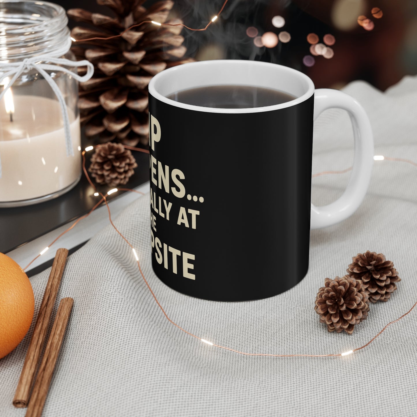 Camping Mug, Sip Happens Ceramic Coffee Cup, Outdoor Adventure Drinkware, Gift for Campers, Hiking Enthusiasts