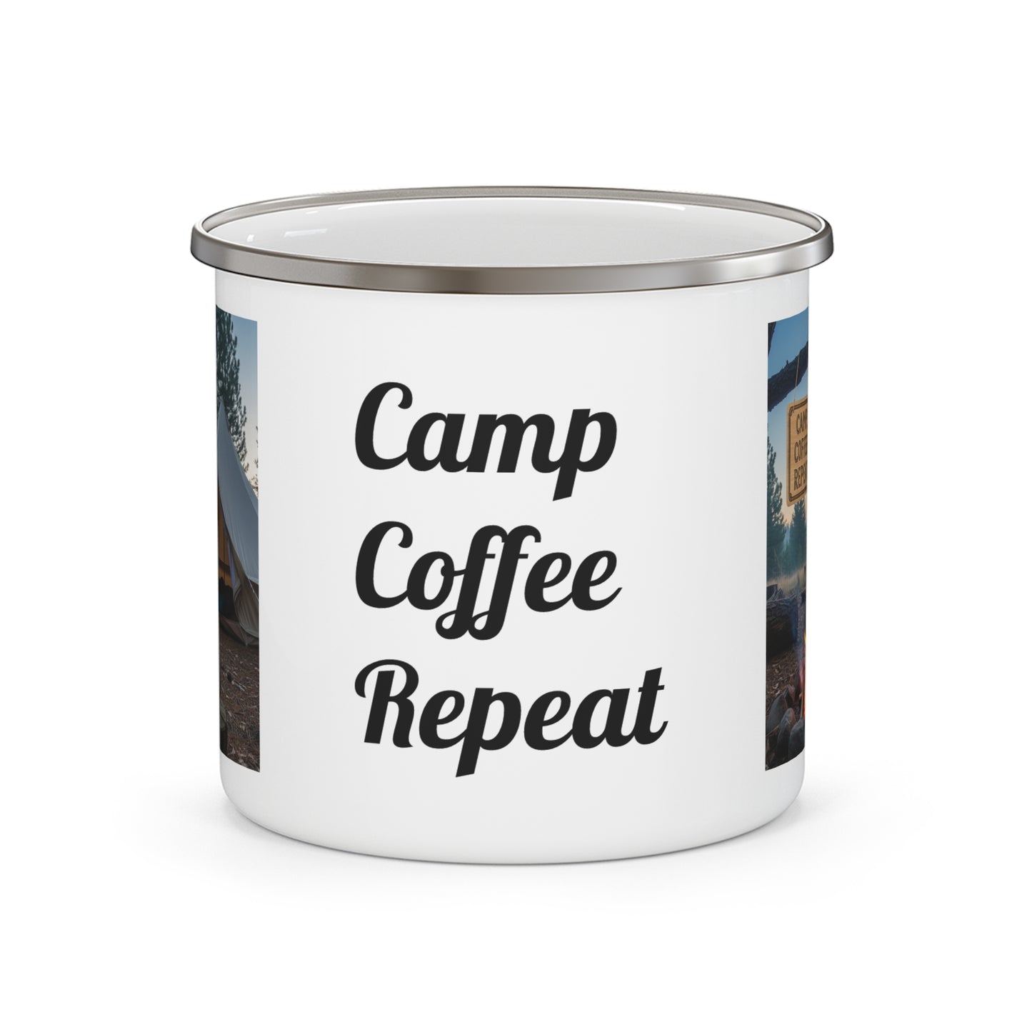 Camping Enamel Mug - Camp Coffee Repeat, Outdoor Adventure, Camping Gift, Hiking Gear, Cabin Decor, Eco-Friendly Mug