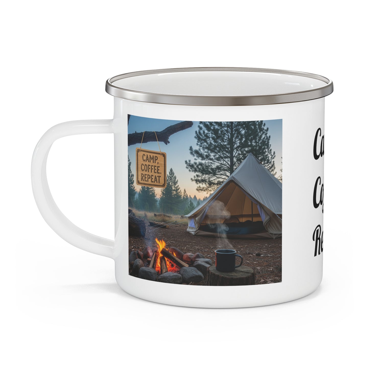 Camping Enamel Mug - Camp Coffee Repeat, Outdoor Adventure, Camping Gift, Hiking Gear, Cabin Decor, Eco-Friendly Mug