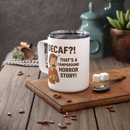 Funny Insulated Coffee Mug for Horror Lovers, Decaf!? Campground Story Mug, Unique Gift, Travel Coffee Cup, Campfire Mug, Scary Story [...]