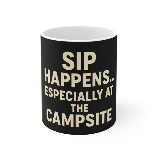 Camping Mug, Sip Happens Ceramic Coffee Cup, Outdoor Adventure Drinkware, Gift for Campers, Hiking Enthusiasts
