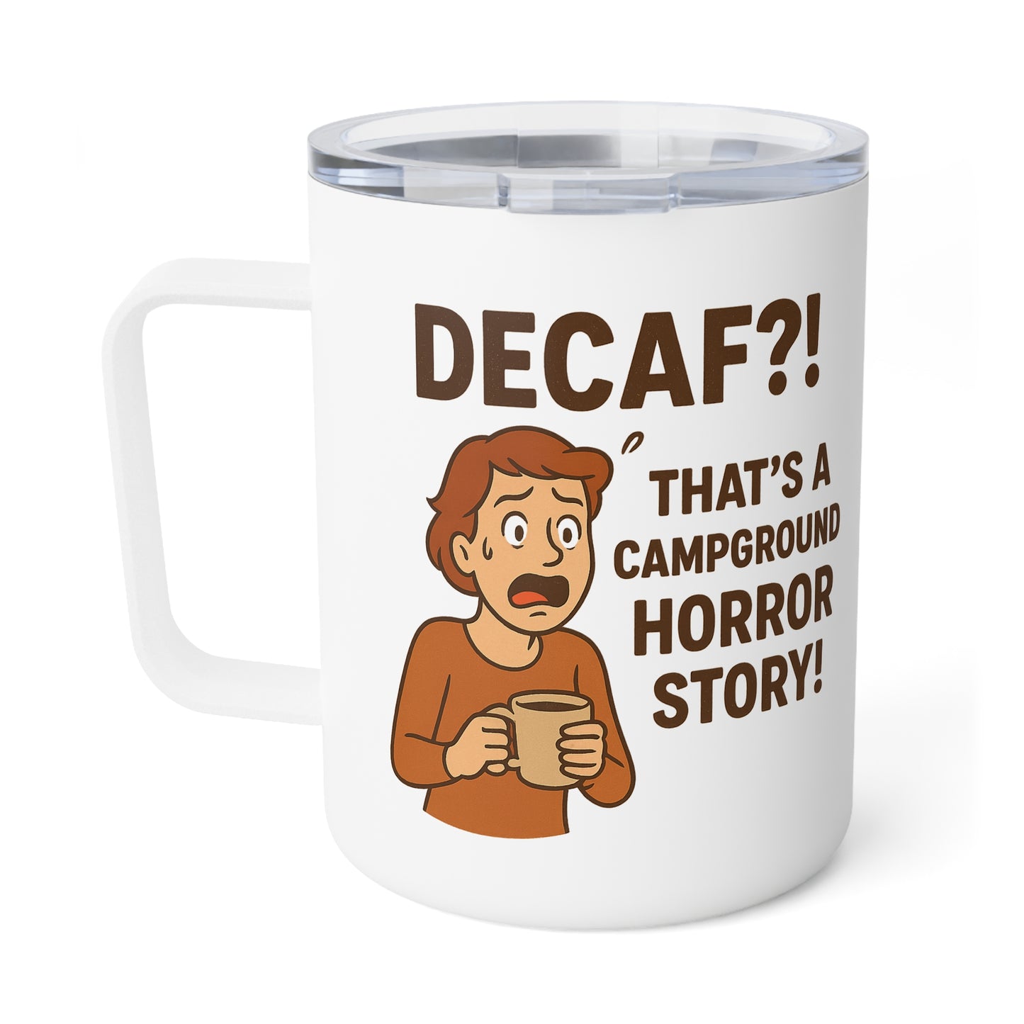 Funny Insulated Coffee Mug for Horror Lovers, Decaf!? Campground Story Mug, Unique Gift, Travel Coffee Cup, Campfire Mug, Scary Story [...]