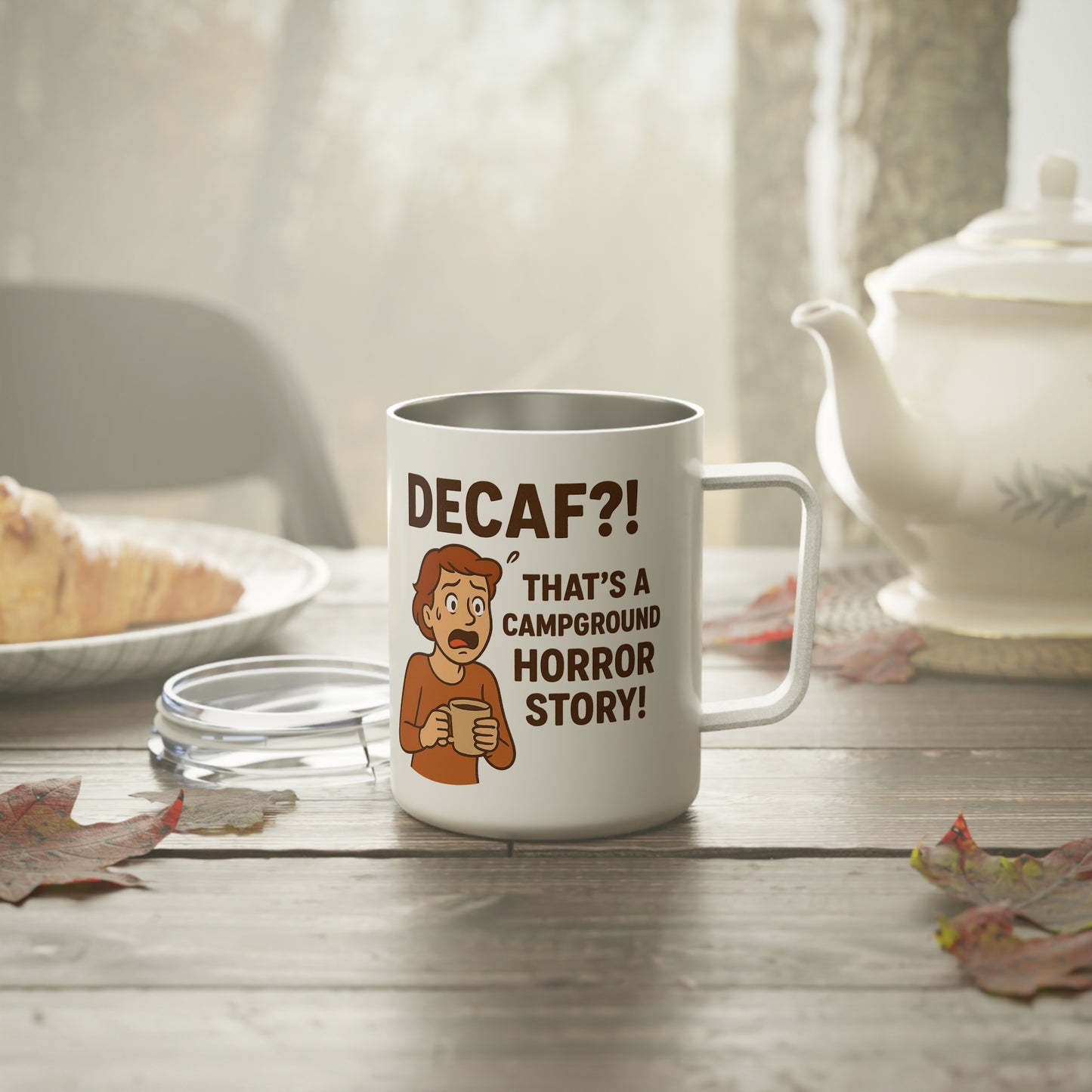 Funny Insulated Coffee Mug for Horror Lovers, Decaf!? Campground Story Mug, Unique Gift, Travel Coffee Cup, Campfire Mug, Scary Story [...]
