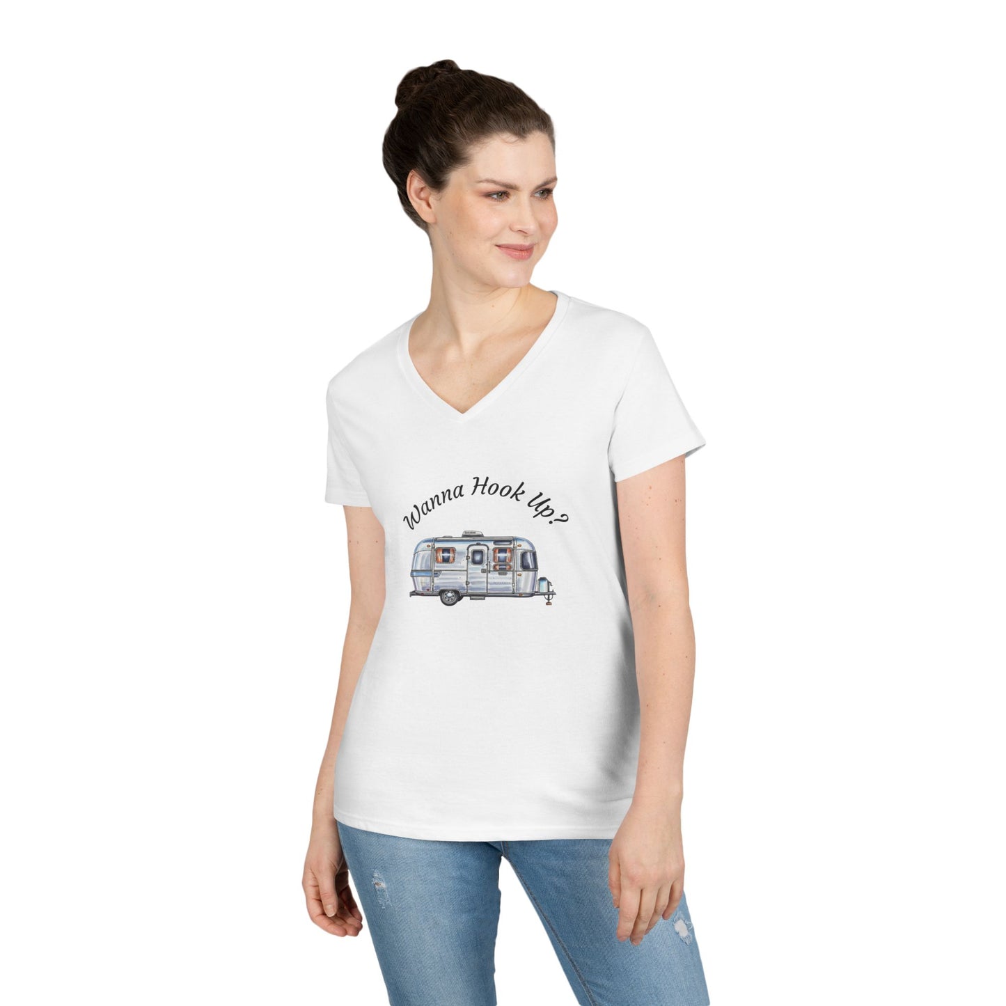 Wanna Hook Up? Ladies' V-Neck T-Shirt | Cute Camping Tee, Adventure Top, Gift for Travelers, Summer Essentials, Outdoor Fun