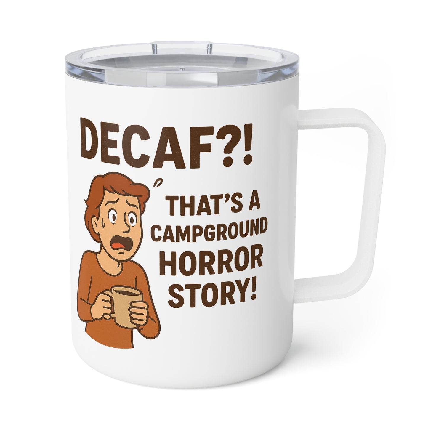 Funny Insulated Coffee Mug for Horror Lovers, Decaf!? Campground Story Mug, Unique Gift, Travel Coffee Cup, Campfire Mug, Scary Story [...]
