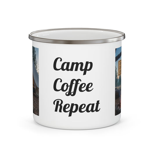 Camping Enamel Mug - Camp Coffee Repeat, Outdoor Adventure, Camping Gift, Hiking Gear, Cabin Decor, Eco-Friendly Mug