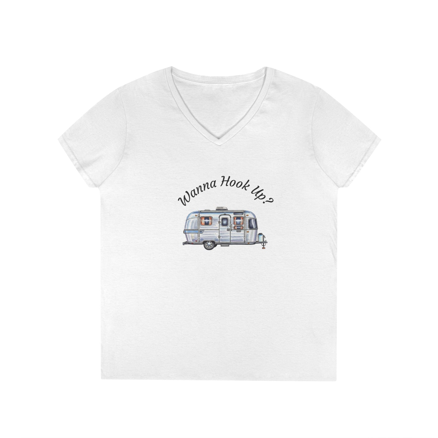 Wanna Hook Up? Ladies' V-Neck T-Shirt | Cute Camping Tee, Adventure Top, Gift for Travelers, Summer Essentials, Outdoor Fun