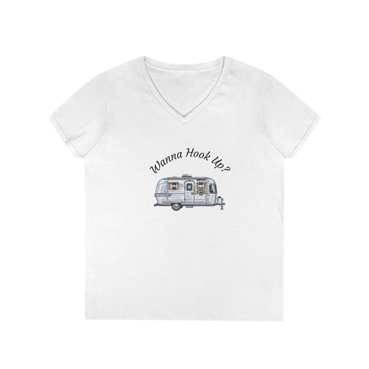 Wanna Hook Up? Ladies' V-Neck T-Shirt | Cute Camping Tee, Adventure Top, Gift for Travelers, Summer Essentials, Outdoor Fun